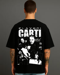Man wearing black streetwear t-shirt with bold Playboi Carti graphic print, Atraye style