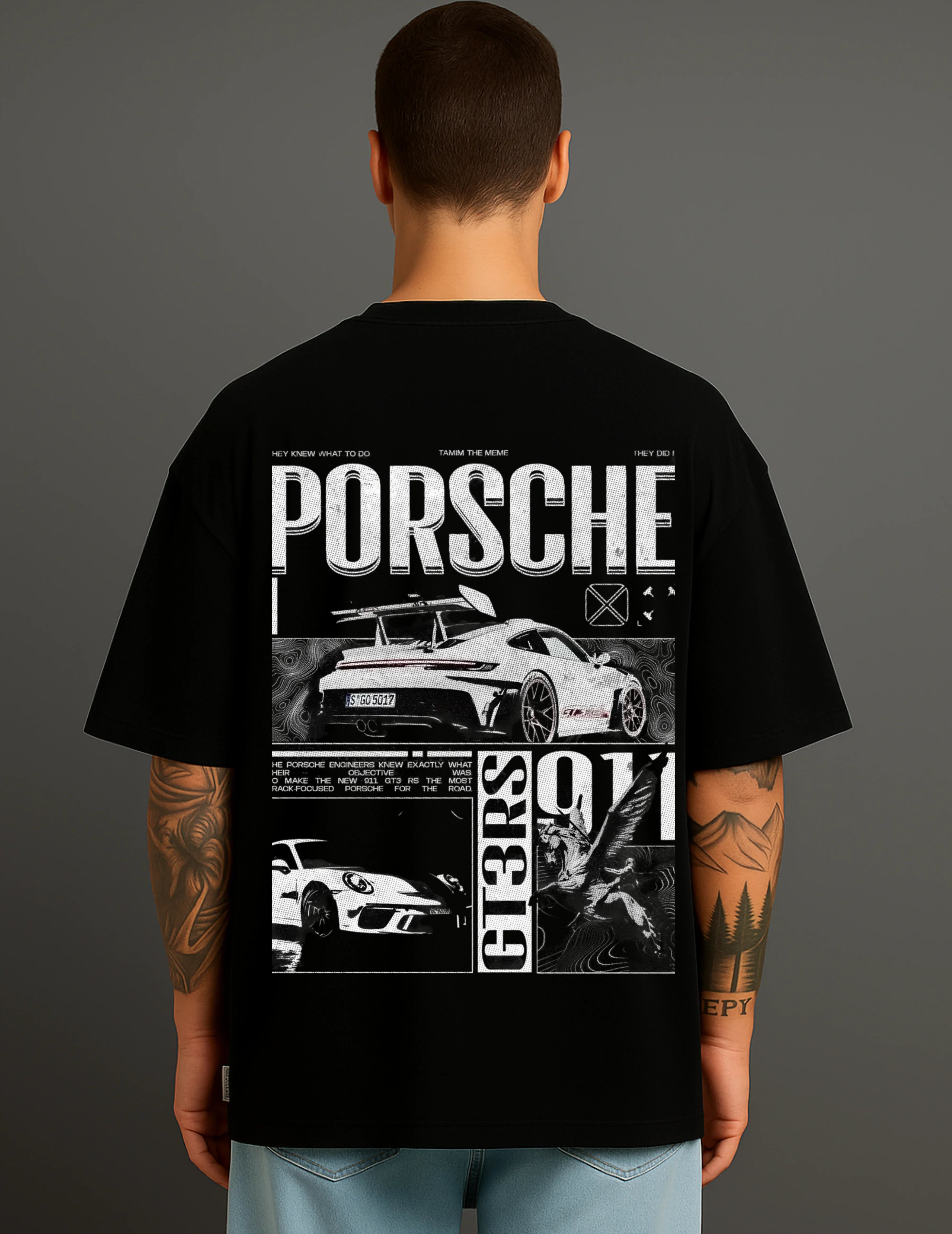 Man in black streetwear T-shirt with Porsche 911 GT3 RS graphic print, Atraye.in fashion