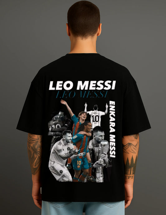 Man wearing black ATRAYE streetwear T-shirt with Leo Messi graphic collage and bold text.