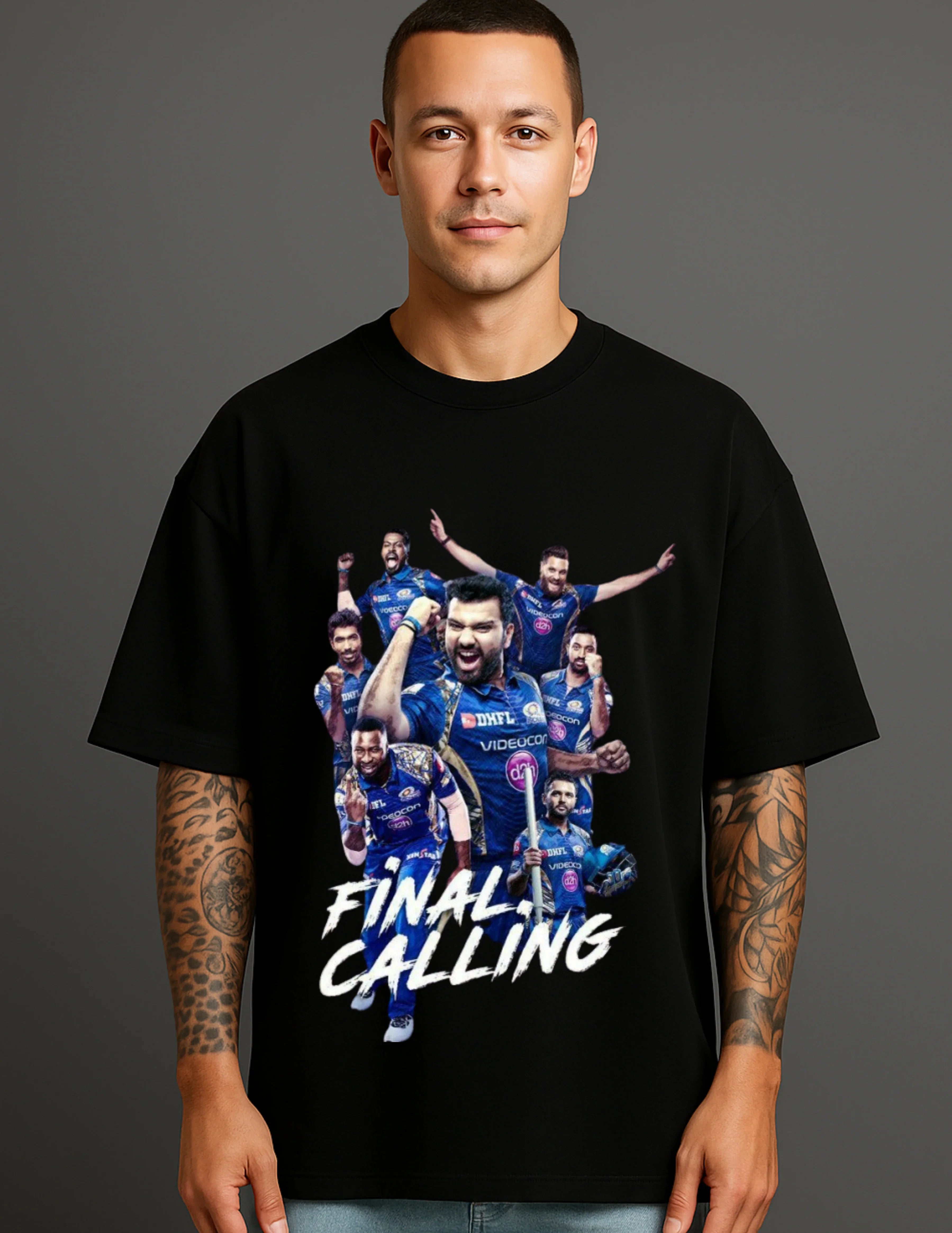 Man wearing ATRAYE bold streetwear black T-shirt with dynamic cricket player collage and 'Final Calling' text.