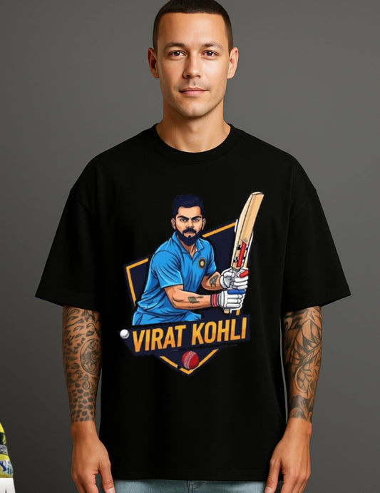 Man wearing black ATRAYE streetwear T-shirt with Virat Kohli cricket graphic print