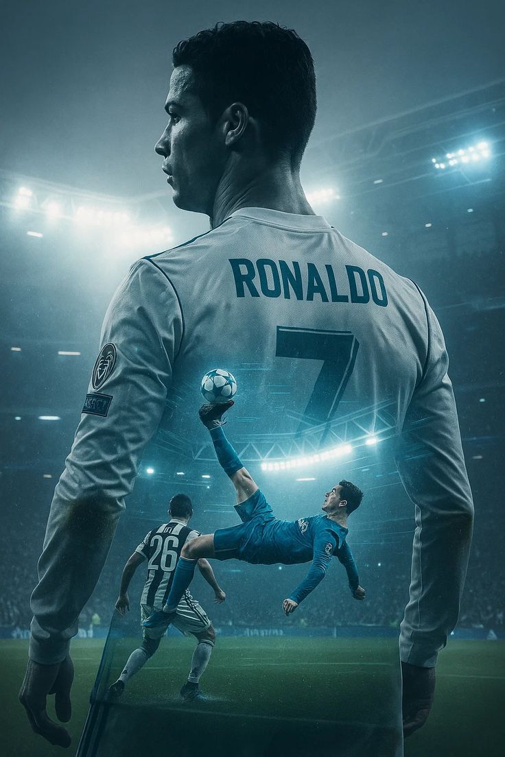Soccer player in white jersey with 'Ronaldo 7' text, stadium background, dynamic action pose.