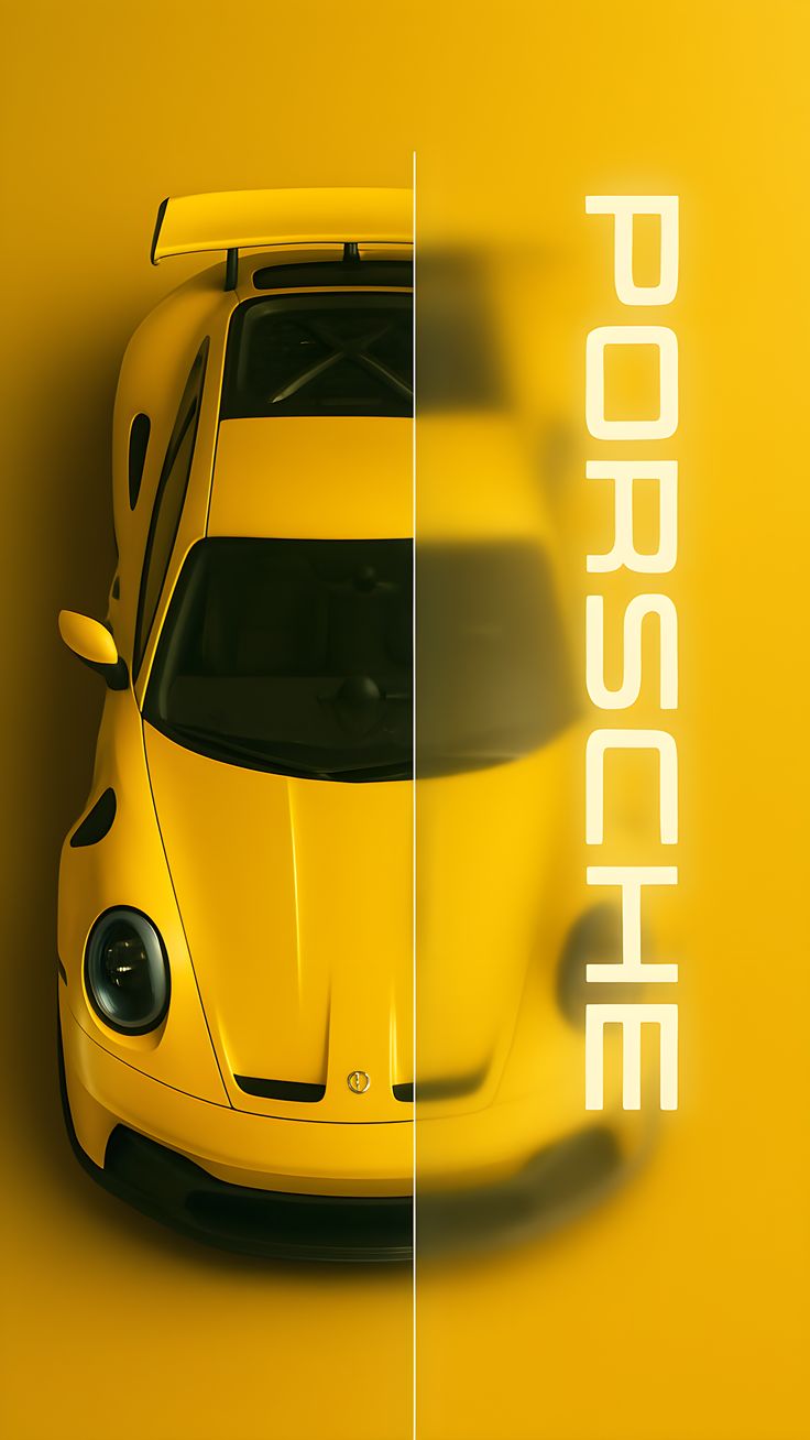 Yellow Porsche sports car top view on a vibrant yellow background with bold PORSCHE text