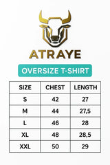 ATRAYE logo with bull head, oversize T-shirt size chart, chest and length measurements.