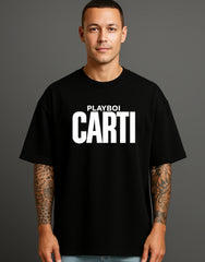 Man wearing black Playboi Carti streetwear T-shirt, bold white print, ATRAYE style