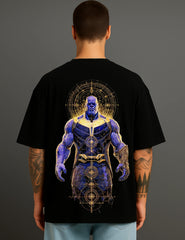 Man wearing black streetwear T-shirt with bold purple sci-fi character print, Atraye.in fashion