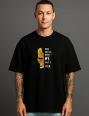 Man wearing ATRAYE streetwear black T-shirt with gold helmet graphic and 'You have an army? We have a Hulk' text.