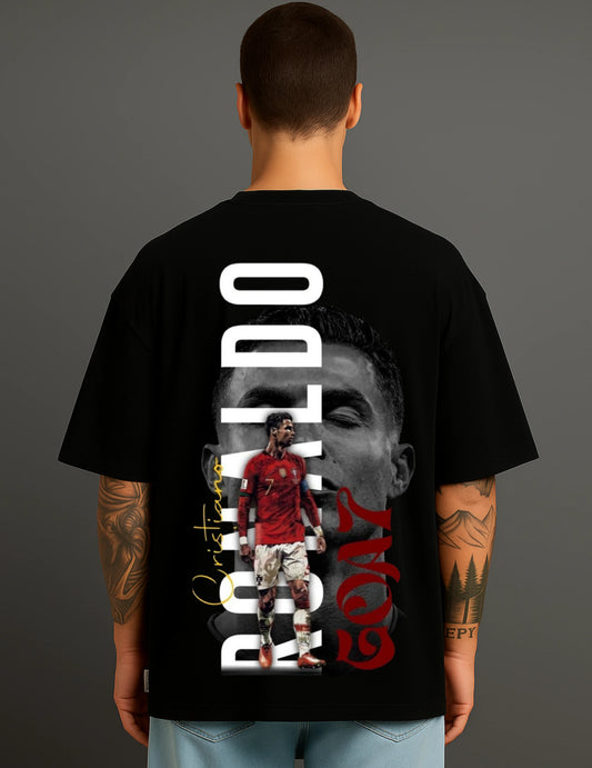 Back view of man wearing ATRAYE black streetwear T-shirt with bold football graphic design
