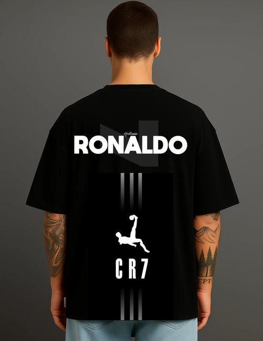 Man wearing ATRAYE black streetwear T-shirt with bold Ronaldo CR7 graphic design on back