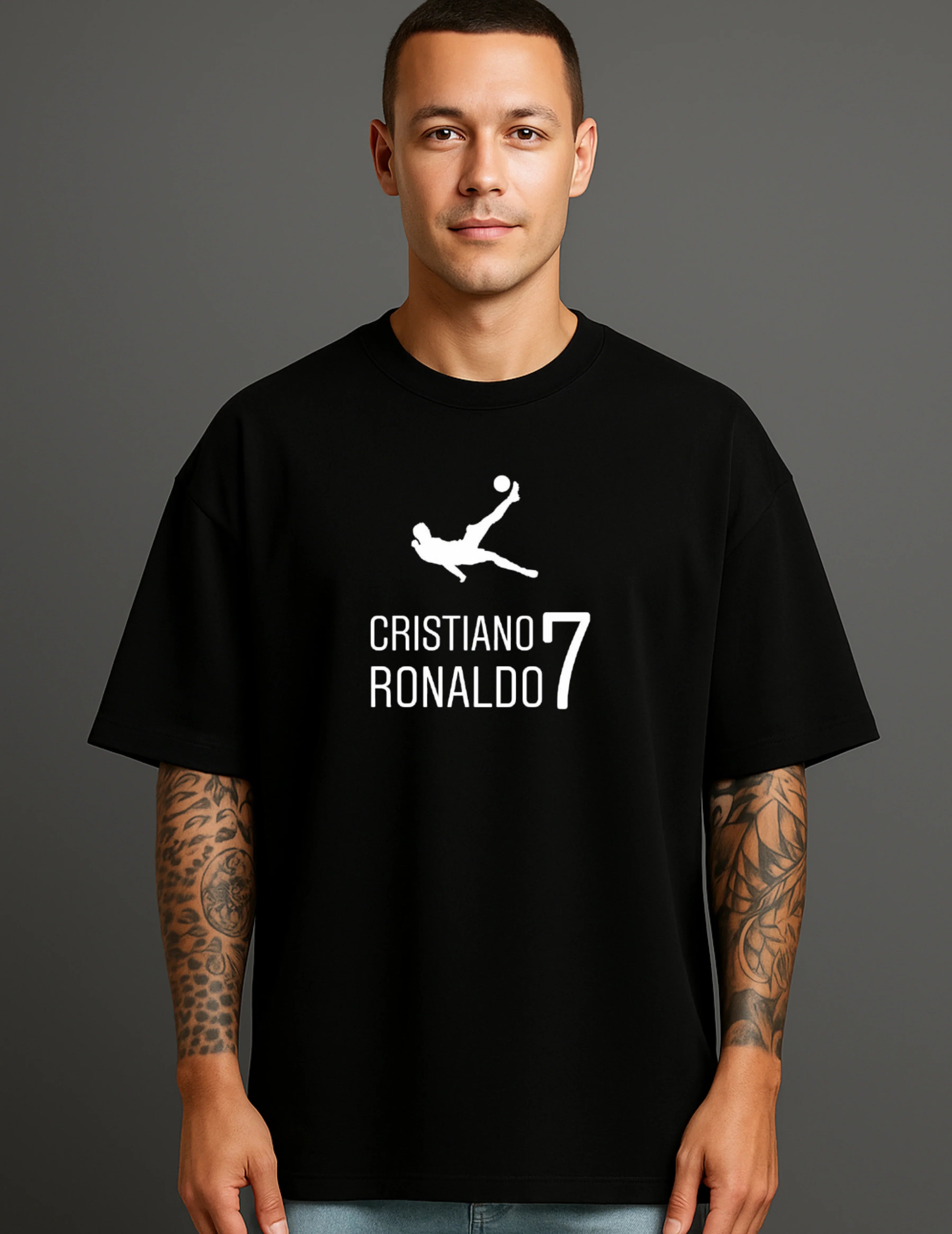 Man wearing black streetwear T-shirt with Cristiano Ronaldo 7 graphic, ATRAYE style