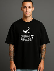 Man wearing black streetwear T-shirt with Cristiano Ronaldo 7 graphic, ATRAYE style