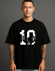 Man in black streetwear T-shirt with bold number 10 Messi print, ATRAYE style.