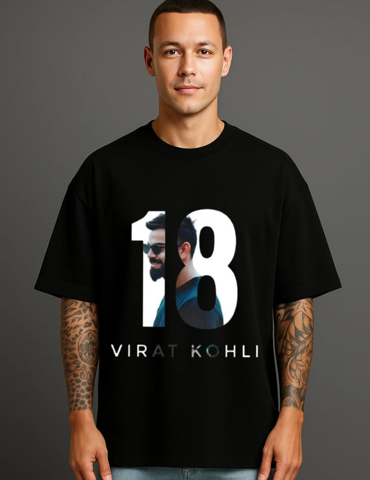 Man in black ATRAYE streetwear T-shirt with large '18' and 'Virat Kohli' graphic print.