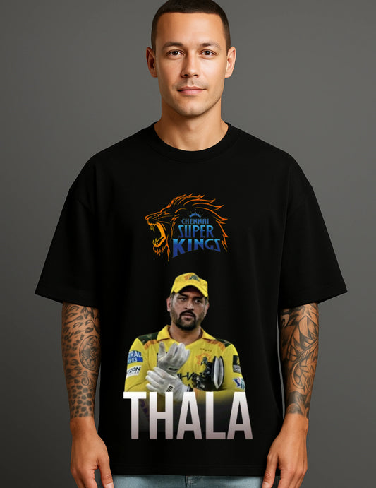 Man wearing black Atraye streetwear T-shirt featuring Chennai Super Kings cricket theme.