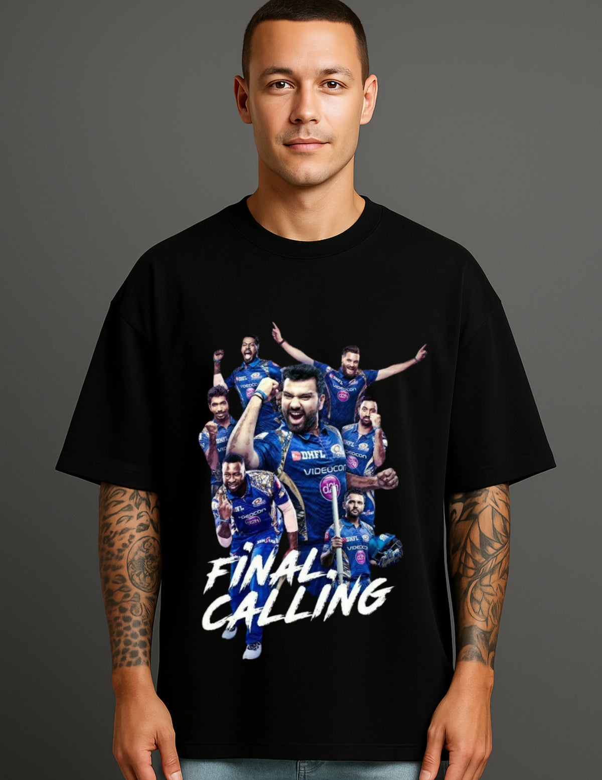 Man wearing ATRAYE bold streetwear black T-shirt with dynamic cricket player collage and 'Final Calling' text.