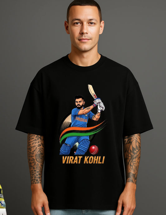 Man in black ATRAYE streetwear T-shirt featuring cricket-themed Virat Kohli graphic design