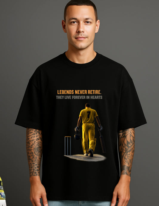 Man wearing black ATRAYE streetwear T-shirt with cricket legend graphic and bold quote.