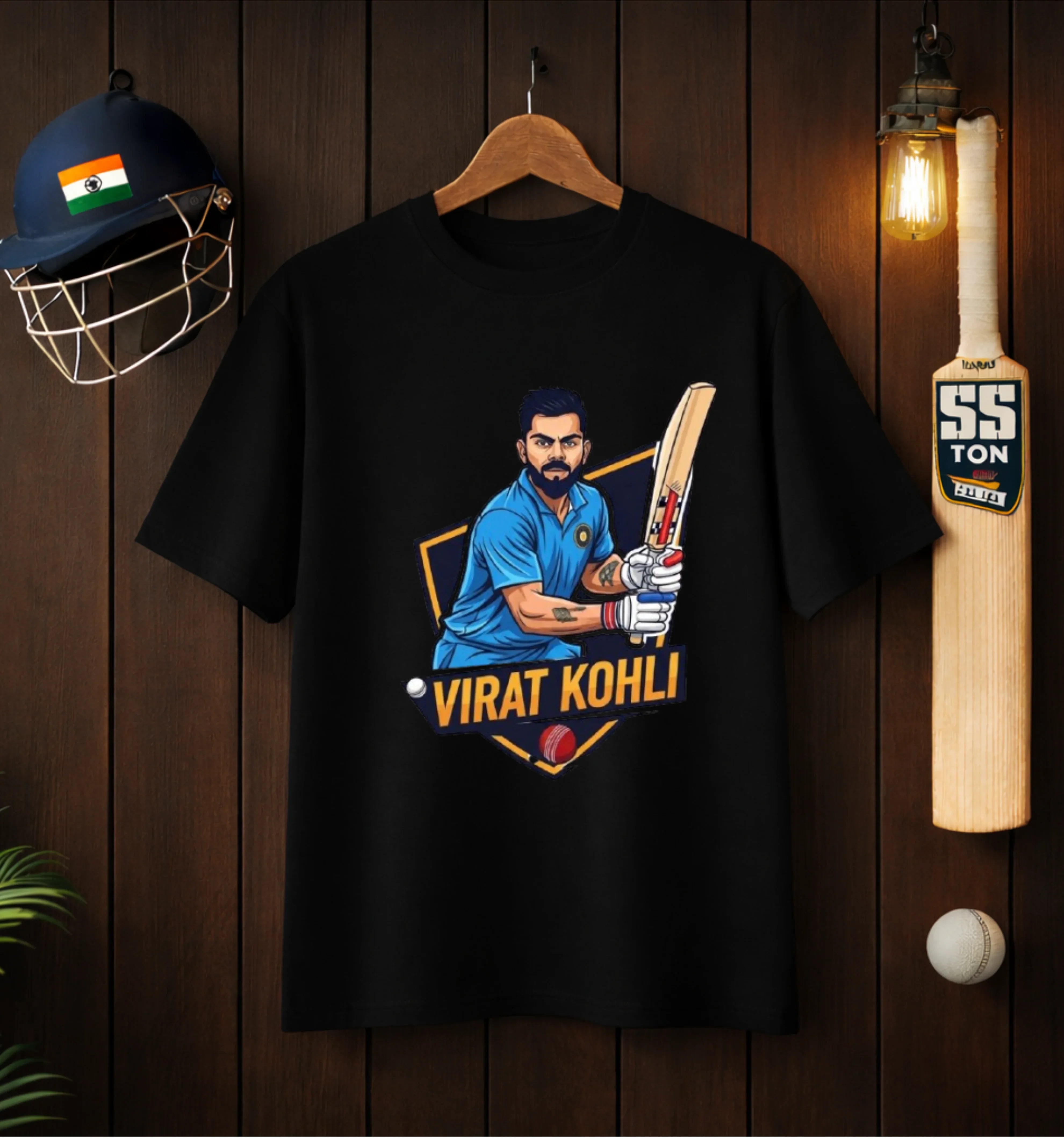 Black ATRAYE T-shirt with Virat Kohli cricket graphic, displayed with helmet and bat on wooden wall