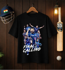 Black printed streetwear T-shirt with 'Final Calling' cricket design, displayed with cricket helmet and bat.